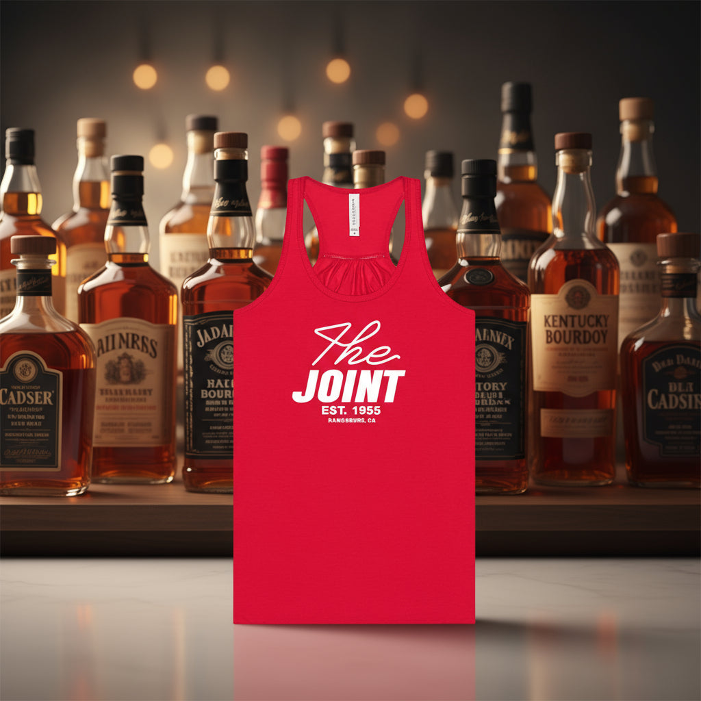 A red racerback tank top with white text 'The Joint EST. 1985' printed on the front.