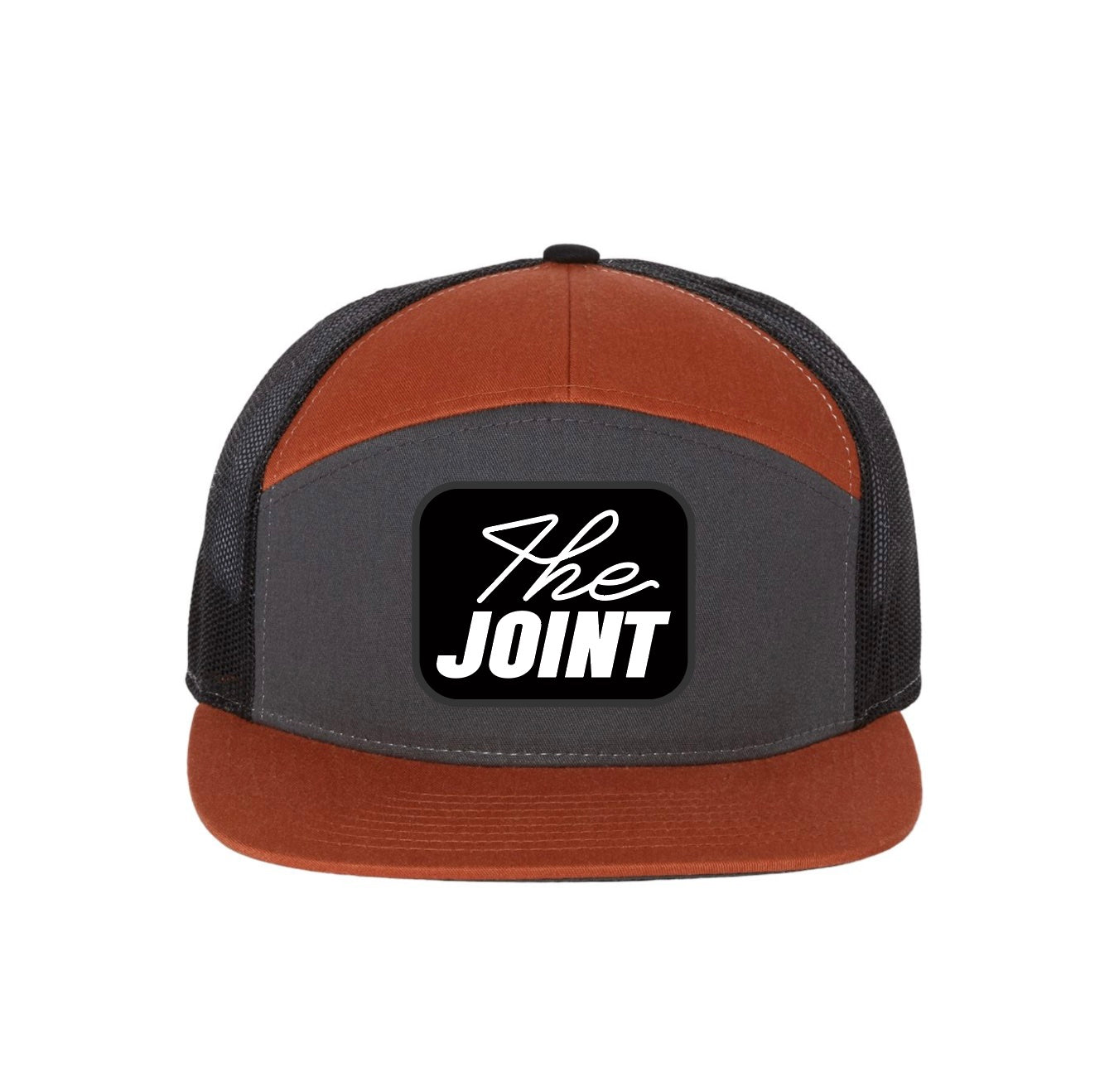 Charcoal /burnt orange/ black Richardson 7 Panel Trucker hat