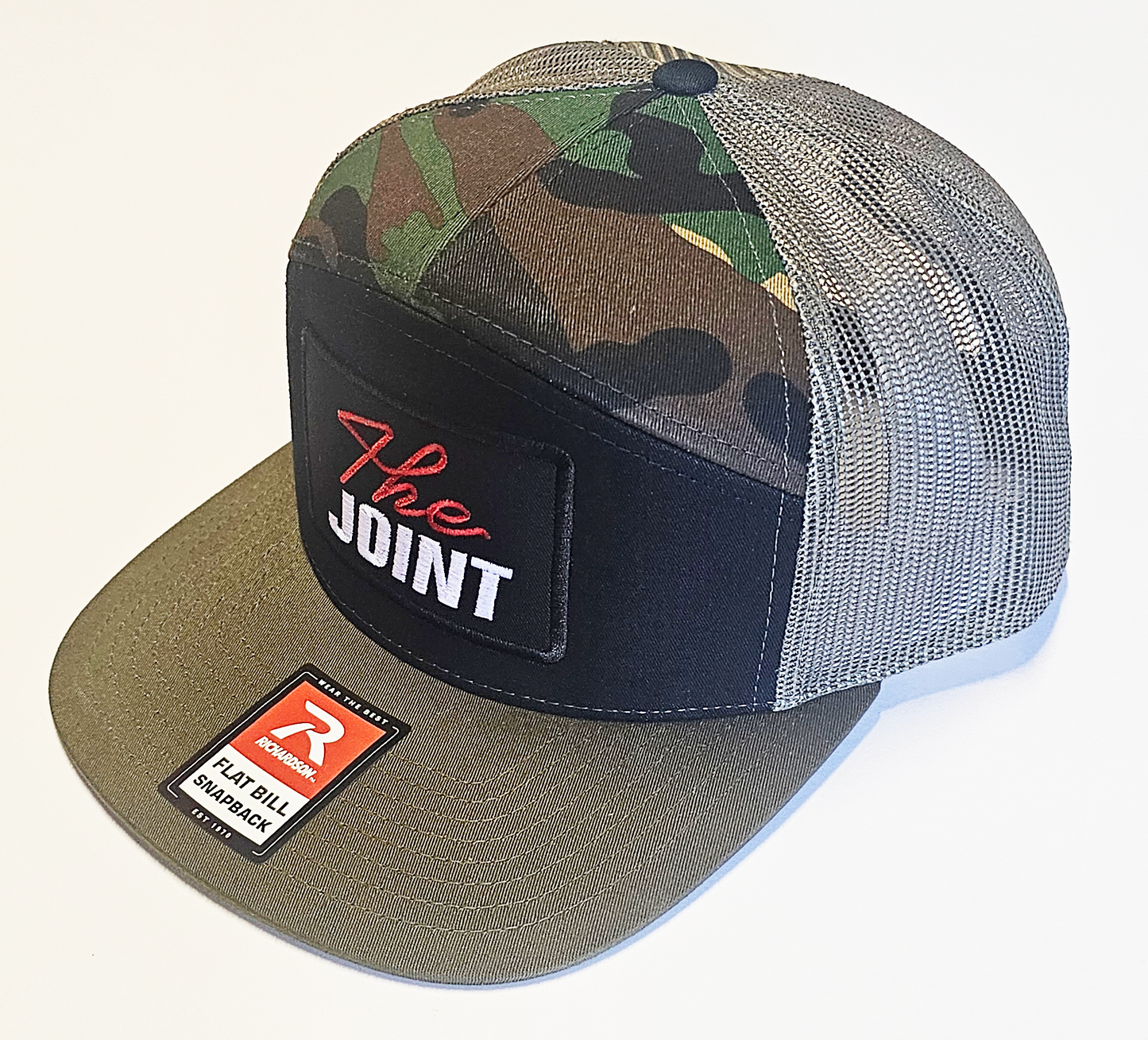 Camo, Green Bill, Black Patch, Red White Text