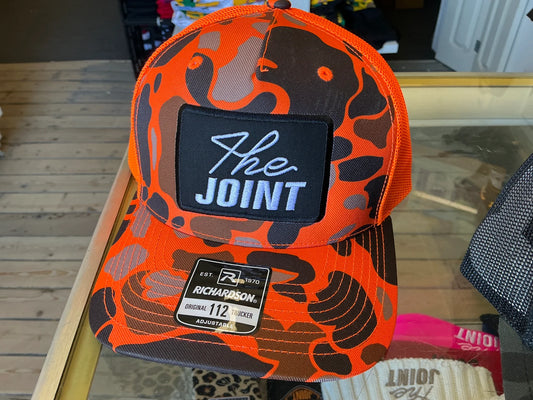 Hunter Safety Orange Camo, Black Patch White The Joint Text