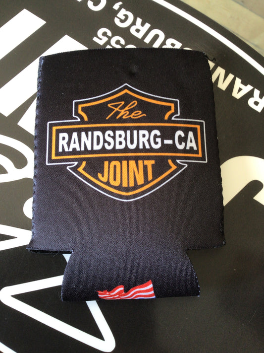 Black can cooler with 'The Randburg-CA Joint' logo on a black background