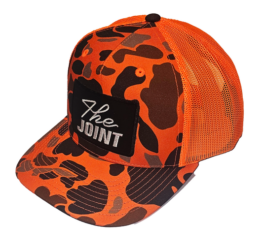 Camo Burnt Orange, Camo Bill, Black Patch, White Text